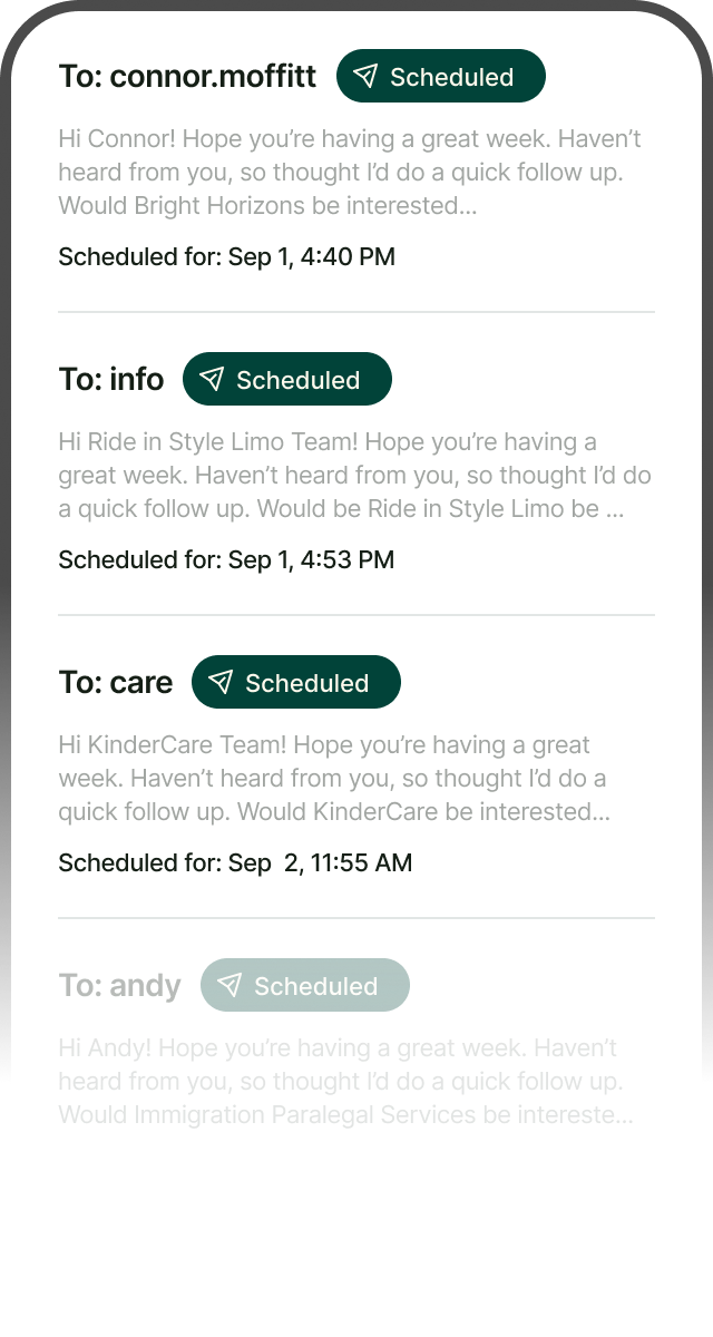 A list of scheduled follow-up emails